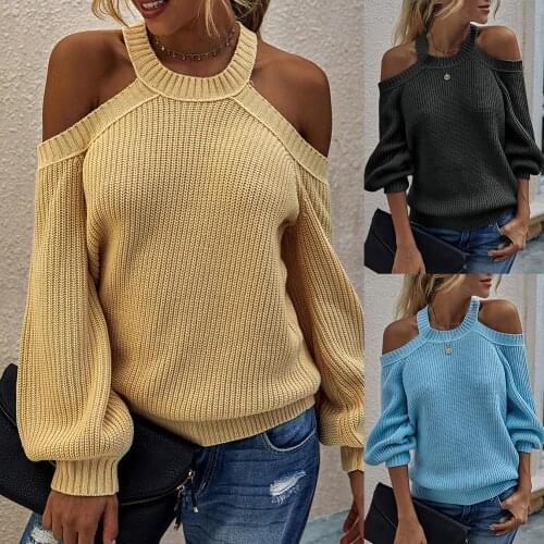 Sexy Women Solid Color Off Shoulder Knit Sweater Halter Neck Pullover Jumpers