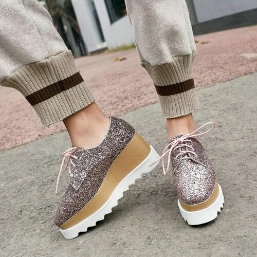 EshtonShero Women Pumps Shoes Woman Platform Leather+PU Wedge High Heels Pointed Toe Bling Black Ladies Wedding Shoes Size 3-8