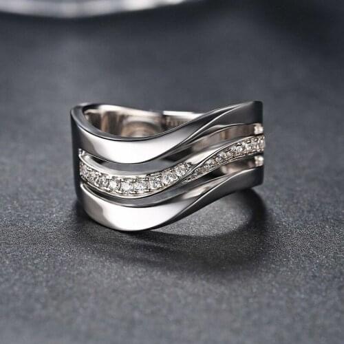 USTAR Wavy Line Rings for women men Jewelry CZ Crystal silver color wide Rings Female Anel Fashion Jewelry Gifts
