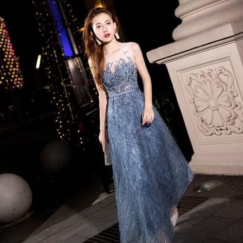 Evening Dress Beading Pearls O-neck Fashion Party Gowns Sleeve Gray Blue Floor length Long Formal Dresses E060