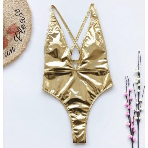 Bright leather Swimwear Women Backless Sexy Deep V One piece Swimsuit Monokini Trikini Badpak dames Mujer banador Maio Biquini