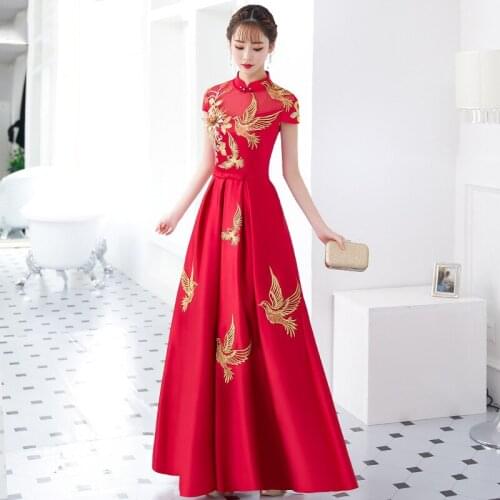 Chinese Style Lady Cheongsam Sexy Red Perspective Short Sleeve Qipao Exquisite Embroidery Floral Vestidos Grace Banquet Dress