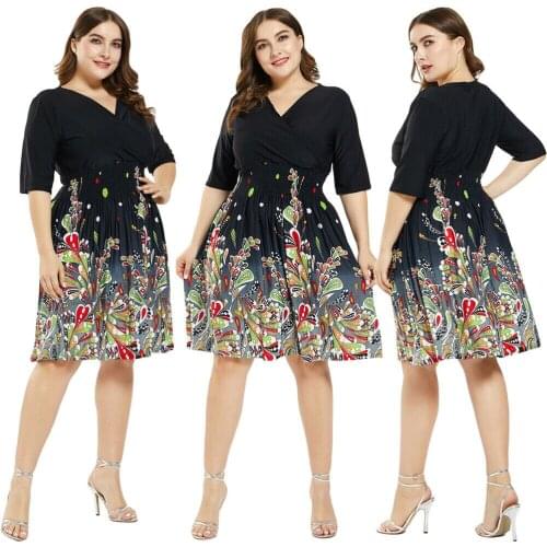 Plus Women Boho V-Neck Plus Floral Print Dress Casual Beach Party Holiday Dresses Evening Sundress Ladies