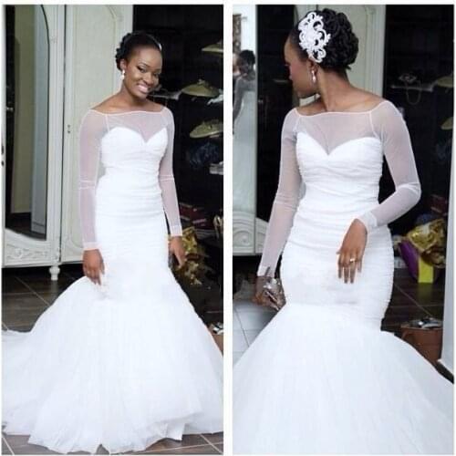 Long Sleeve Mermaid Cheap Wedding Dresses 2022 New Designer White Organza Sweep Train Sheer Cheap Bridal Gowns Sexy Vestidos Cus