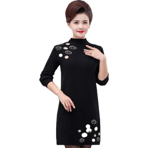 Polka Dot Sweater Dress Spring Fall Plus Size Womens Clothing Pullover Bottoming Shirt Middle-aged Women Round NeckKnit Dresses