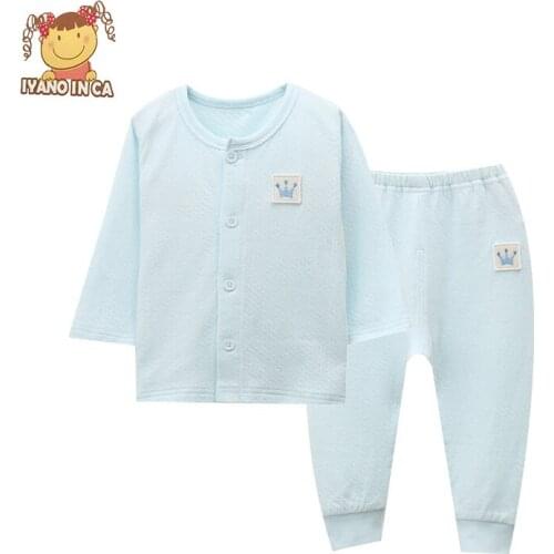 2pcs/set Baby Pyjamas Set Single-breasted Underwear Set Solid Color Casual Print Round Neck Set 2020 New