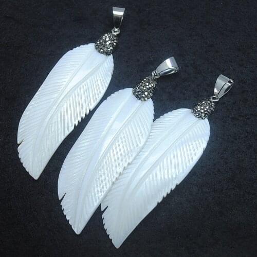 2pcs nature white shell pendants with rhinestone natural mother of pearl feather shape 72x25mm beads accessories jewelry parts