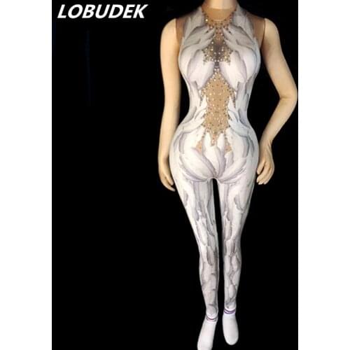 Sparkly Rhinestones Feathers Printed Sleeveless Jumpsuit Fashion Nightclub Pole Dancing Costume Bar Party Singer Show Stage Wear
