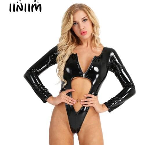 Iiniim Womens Wetlook Bodycon Costumes Heart Shap Sexy Clubwear Leather Zipper Hollow Out High Cut Teddies Bodysuit Catsuit