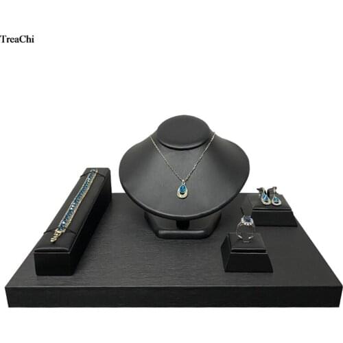 Faux PU Jewelry Counter Showcase Black Necklace Bracelet Organizer Holder Diamond Ring Earring Display Storage Stand