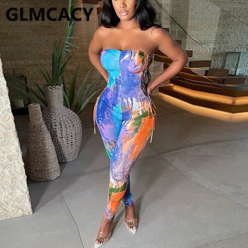 Abstract Printed Tube Jumpsuit Lace Up Skinny Chic Overalls