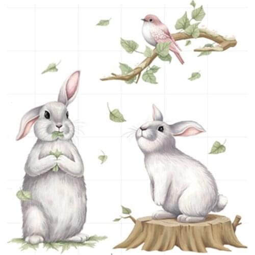 Cute white Rabbit cartoon wall decals Tree Branch Little Birds 3d vinyl mural stickers home decoration animal wallpaper 90*30cm