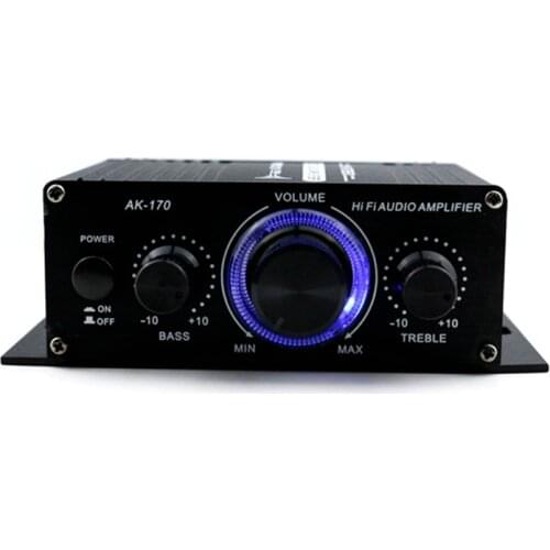 AK170 12V Mini Audio Power Amplifier Digital Audio Receiver AMP Dual Channel 20W+20W Bass Treble Volume Control for Car Home Use
