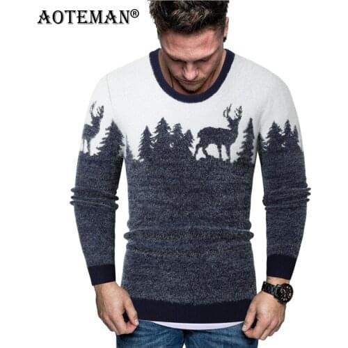 Men Winter Sweater Christmas Tree Deer Print Male Sweater Autumn Spring O-Neck Pullover Slim Fit Fashion Soft Men Clothing LM253