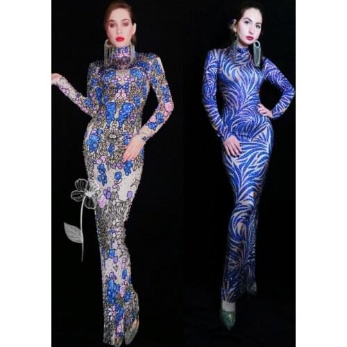 New Nightclub Female Singer Stage Blue Rhinestone Long Dress Dance Queen Festival Outfits Women Pole Jazz Dance Clothing DWY5339