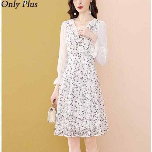 Only Plus 2021 New Autumn Lace Floral White Dress V-neck Ruffles Office Lady Sweet Slim Women Mid-length Section Puff Sleeves