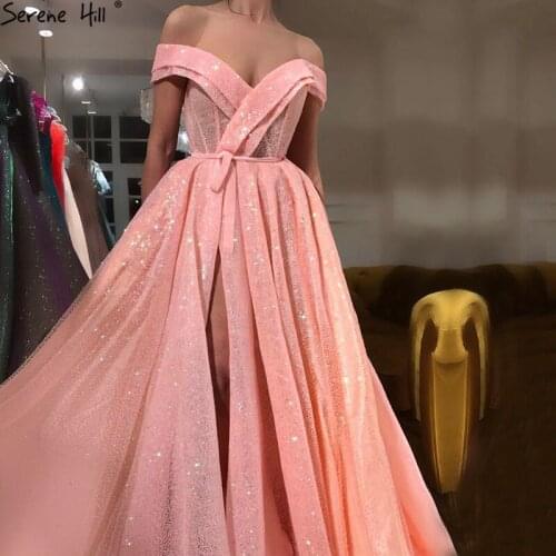Peach Pink Luxury Sparkle Tulle Evening Dresses Sequined Off Shoulder Sexy Fashion Evening Gowns 2020 Serene Hill LA6505