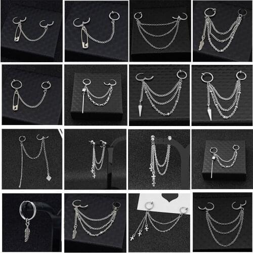 VIVILADY Tibetan Silver Color INS Unisex Hoop Earrings Chic Metal Bar Cross Feather Spike Pin Pendant Personal Tassel Brincos