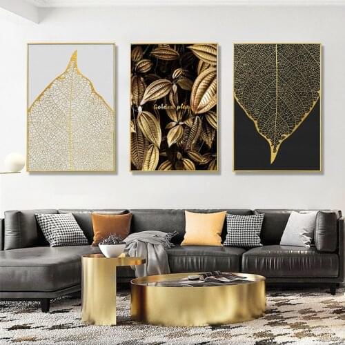 Modern Abstract Golden Leaf Flower Nordic Wall Art Canvas Painting Black White Feathers Poster Print Picture Living Room Decor