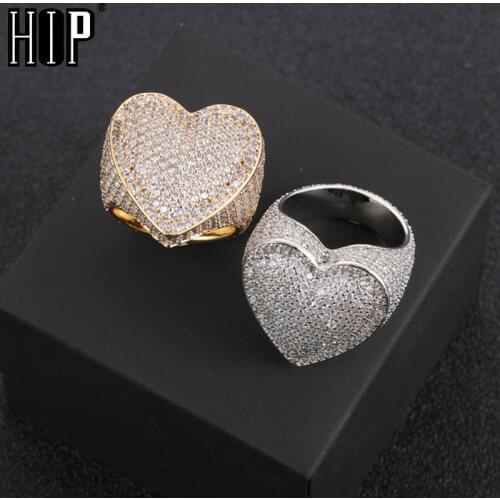 Hip Hop Full Heart Micro Paved Iced Out Bling AAA+ CZ Stone Copper Cubic Zircon Ring For Men Women Jewelry