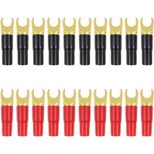 WAKAUTO 10 Pairs 8GA Copper Gold Plated Spade Terminal Fork Adapters Speaker Crimp Barrier Spades Connectors Plugs (Red and