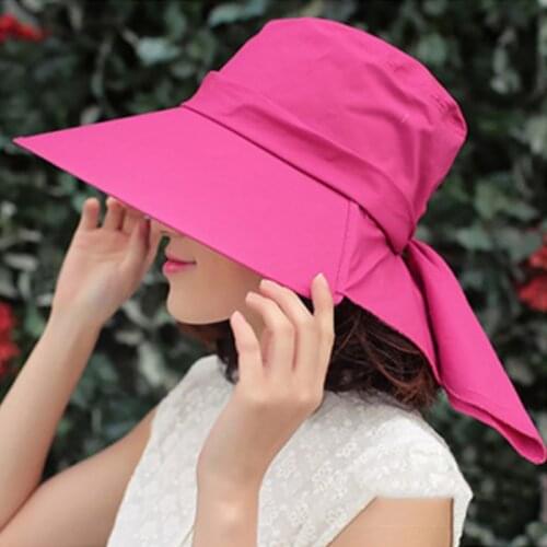 Womens Summer Beach Sun Hats Foldable Big Wide Brim Bucket Caps Sunscreen Anti-UV Fashion Bow Seaside Travel Hats Panama