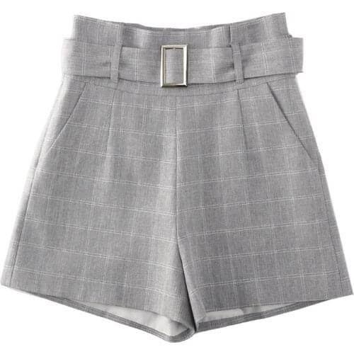 2021 New Style With Belt Plaid Chiffon Suit Shorts Female Summer High Waist A-Line Casual Wide-Leg Pants D5381
