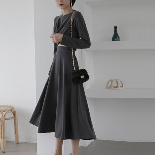 Crop Top Knot Long Skirt Set Women Round Neck Long Sleeve Elegant Womens Two Piece Sets 2019 Skirt Set Plain Twopiece AA5129