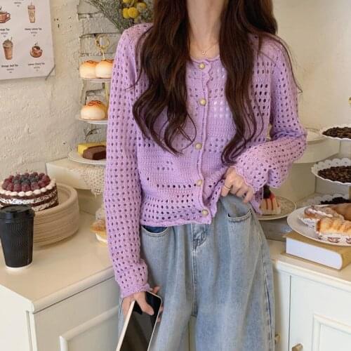 Woman Sweaters Cardigan Summer Casual Hollow Knitted Cardigan Loose Long Sleeve Top Sueters De Mujer