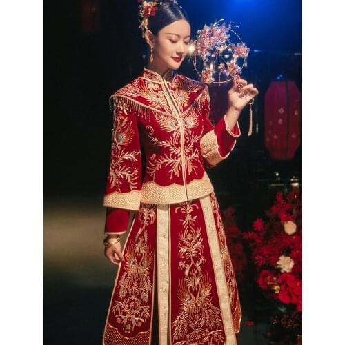Chinese Bride Red Elegant Mandarin Collar Wedding Dress Female Traditional Phoenix Embroidery Cheongsam Robe