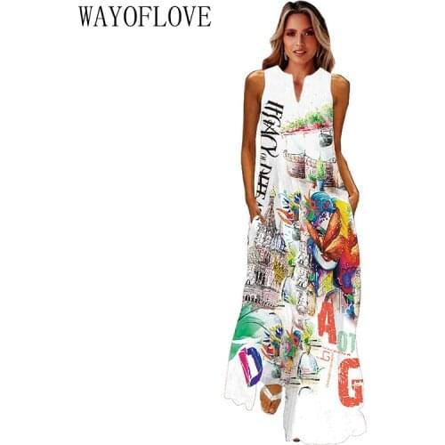 WAYOFLOVE Letter Cartoon printed Casual Beach Dress 2021 Plus Size Long Dresses Summer Woman V Neck Sleeveless Girl Maxi Dresses