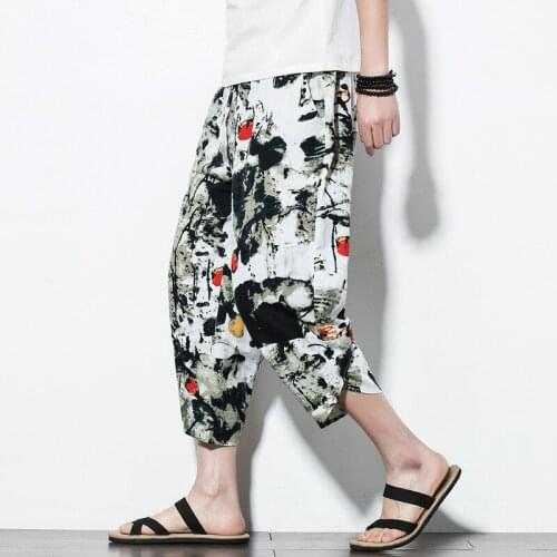 #8073 Summer Tie Dye Printed Retro Cotton Linen Pants Men Thin Calf-length Trousers Loose Beach Vintage Loose Mens Joggers