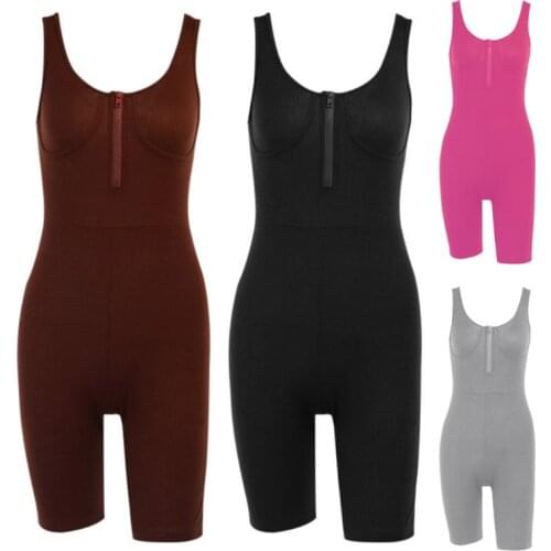 Women Ribbed Knit Striped Bodycon Jumpsuit Sleeveless Sexy Front Zip Up Biker Shorts Rompers Sports Fitness Playsuit Party Clubw