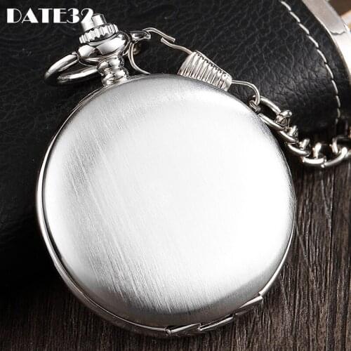 Smooth Sliver Case Mechanical Pocket Watch Antique Roman Numerals Fob Chain Hanging Clock with Gift Box for Men Dropshipping