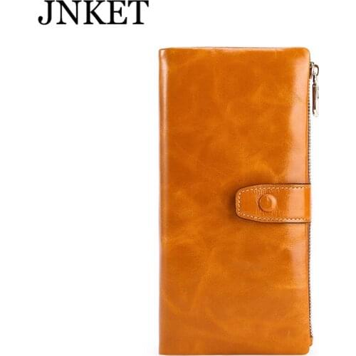 JNKET New Womens RFID Anti-theft Brush Wallet Business Retro Long Lady Purse Wax Oil Skin Dermis Handbag