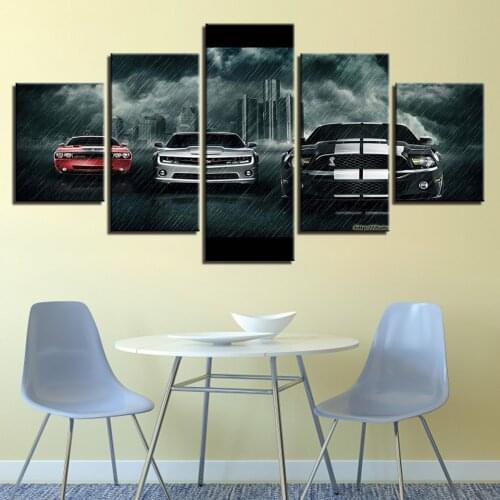 Painting On Canvas Wall Art Frame Home Decor Room HD Printed 5 Panel Modular Picture Mustang Car The Rain Poster