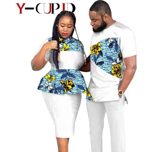 African Clothes for Couples Women Patchwork Print Top and Skirts Matching Men Outfit Top and Pants Sets Love Party Wear YS20C010