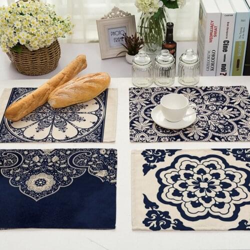 1Pcs Blue porcelain Pattern Placemat Dining Table Mat Tea Coaster Cotton Linen Pad Cup Mats 42*32cm Home Decor MC0034