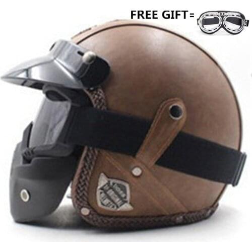 Leather Motorcycle Goggles Vintage Half Helmets Motorcycle Biker Cruiser Scooter Touring Helmet (M, Brown) goggle for free gift