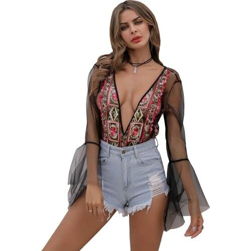Swimsuit hot sexy mesh perspective embroidery embroidered jumpsuit V-neck trumpet sleeve bottoming triangle jumpsuit women