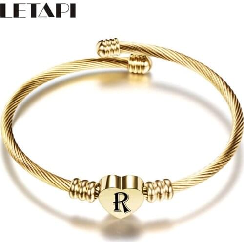 LETAPI New Fashion Female Gold Color Stainless Steel Heart Bracelet Bangle Initial Alphabet Charms Bracelets For Women