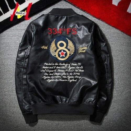MANVALUE Mens Autumn High-street Locomotive Embroidered Young Male Pilot Suits Hip-Hop PU Leather Jackets