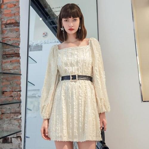 YIGELILA Early Autumn Fashion Women Dress Elegant Square Collar Lantern Sleeve Dress Empire Slim Short Dress Chic 65969
