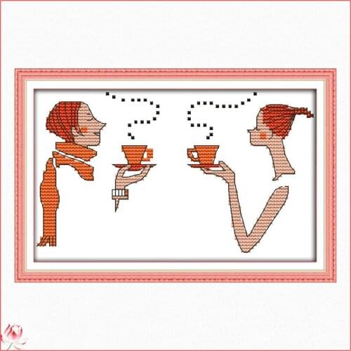Sisters Drink Coffee Cross Stitch Kit 14CT 11CT Canvas Printed Fabric Embroidery Kit DIY Needlework Sewing Set Home Deco Craft