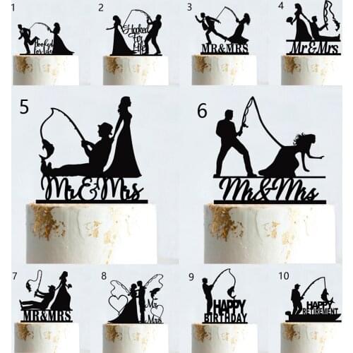 Fishing Style Wedding Cake Topper Funny Mr & Mrs Happy Birthday Hooked For Life Happy Retirement Acrylic Wooden Cake Decoration