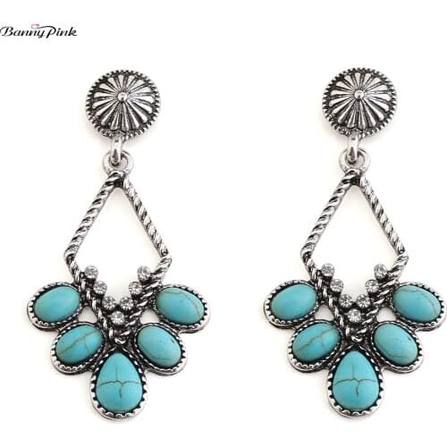 Banny Pink Bohemia Stone Statement Stud Earrings For Women Ethnic Geometric Pendant Post Earrings Indian Gypsy Earrings Brincos