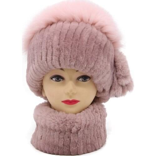 JKP Real Rex Rabbit Fur Set of Hat and Scarf for Women 2021 New Fashion Winter Real Fox Fur Hair Luxury Brand Hat and Scarf Set