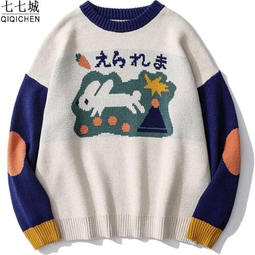 Oversized Block Rabbit Print Knitted Sweater Women Mens O-neck Sweater Pullover Streetwear Harajuku Hip Hop Men Knit Jumper
