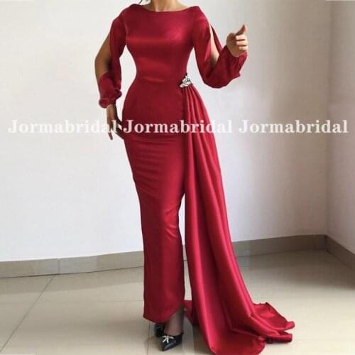 Long Slit Sleeves Burgundy Evening Dresses With Rhinestons Streamer 2021 Scoop Neckline Mermaid Abendkleider Formal Party Dress