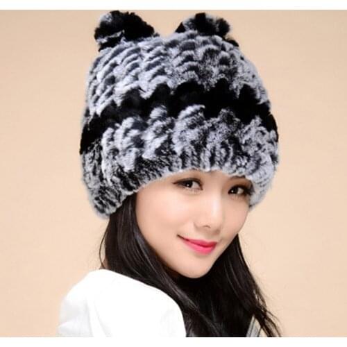 Knitted Real REX rabbit fur hat cute cat beanie winter fur cap headgear head warmer headdress 14613
